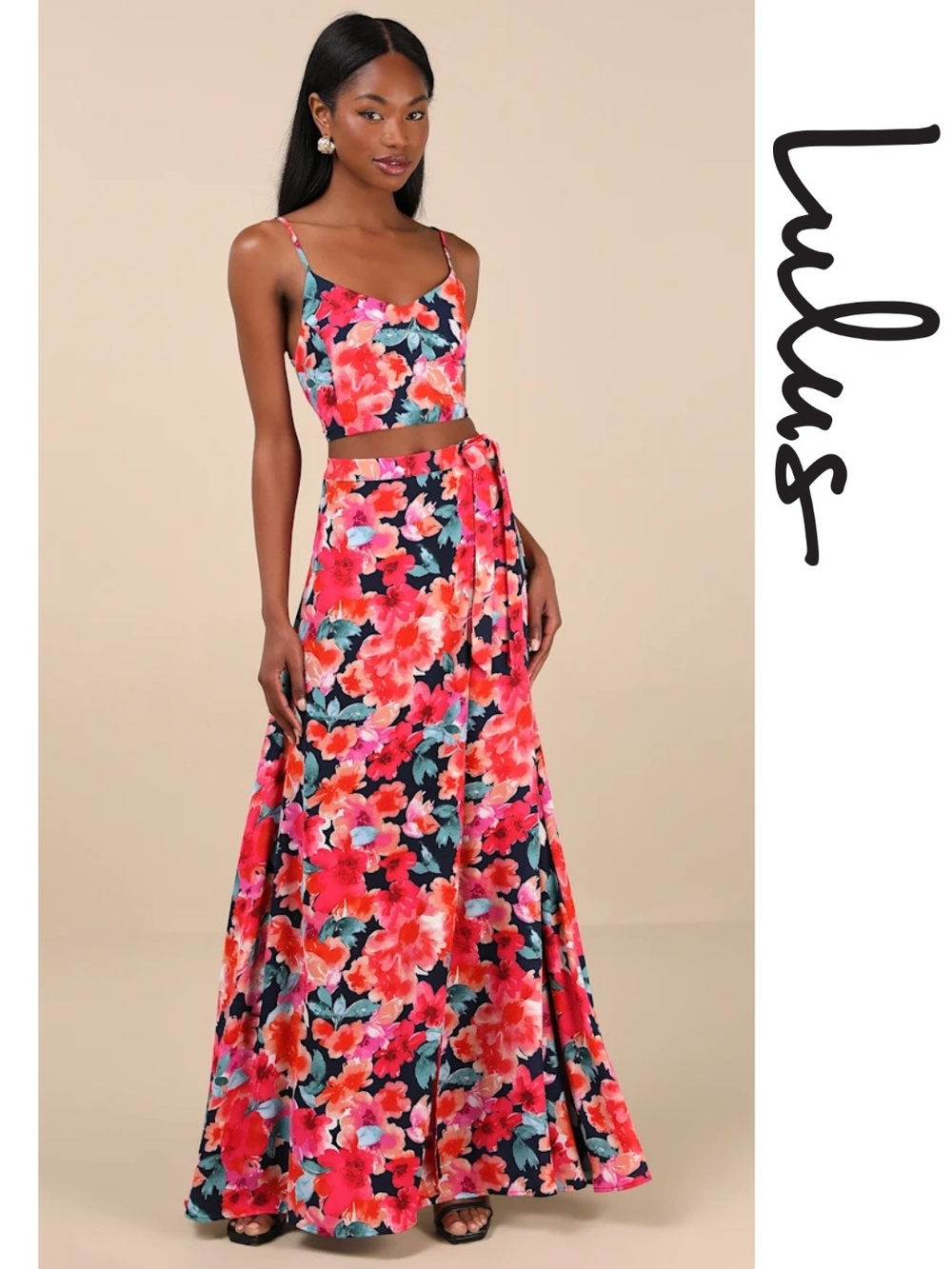 Lulu's - Bloom With a View Dark Blue Floral Print Two-Piece Maxi Dress - Medium